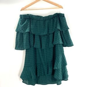 Entro mini dress medium green Flowy tiered off shoulder textured